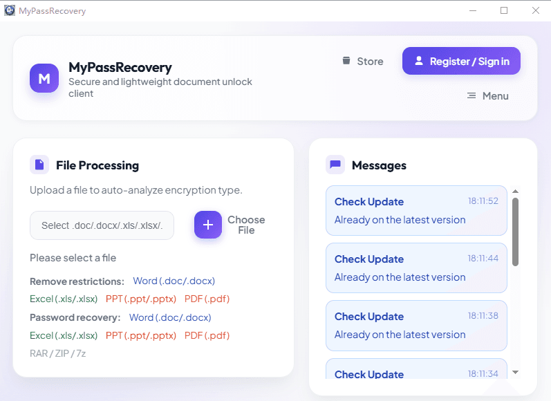 MyPassRecovery Desktop showing file analysis and recovery messages